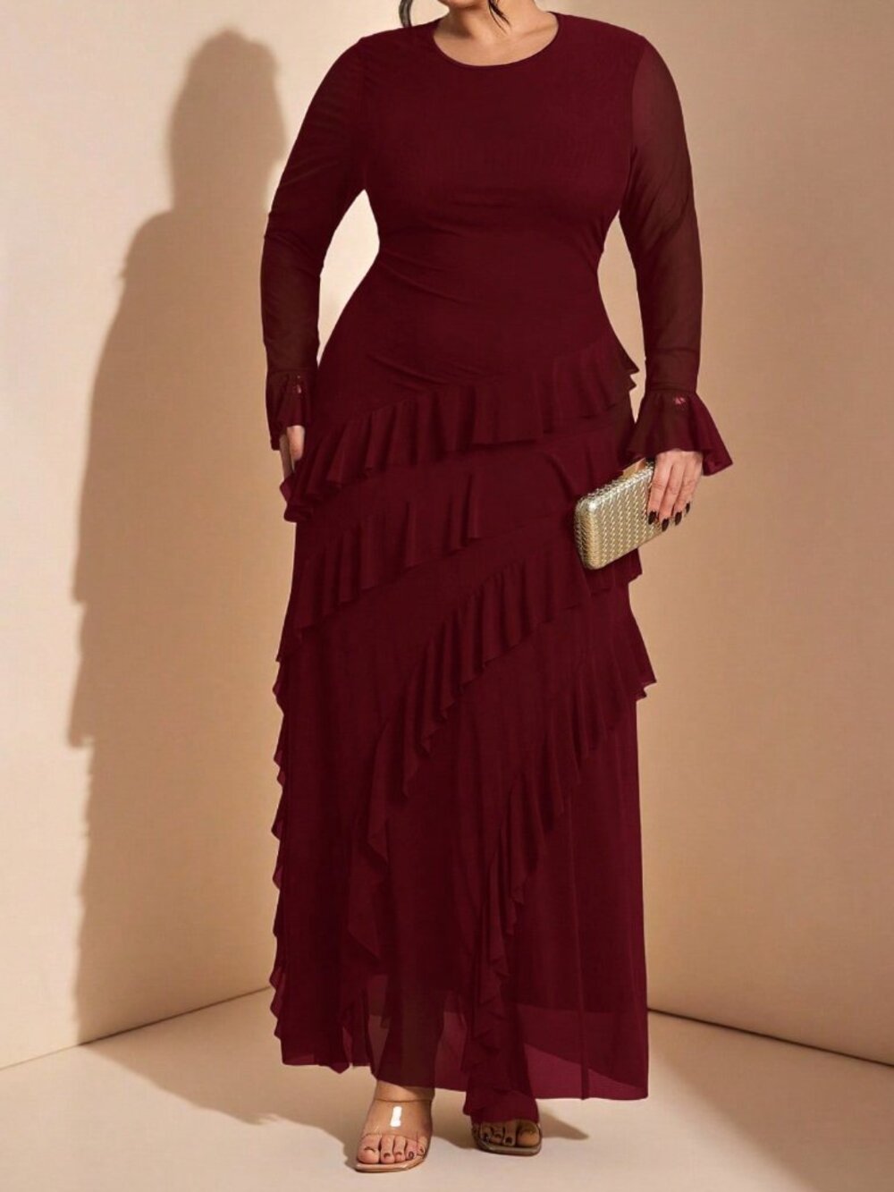 Burgundy Elegant Women's Plus Size Knot Ruffle Tiered Long Dress - Picture 3 of 6